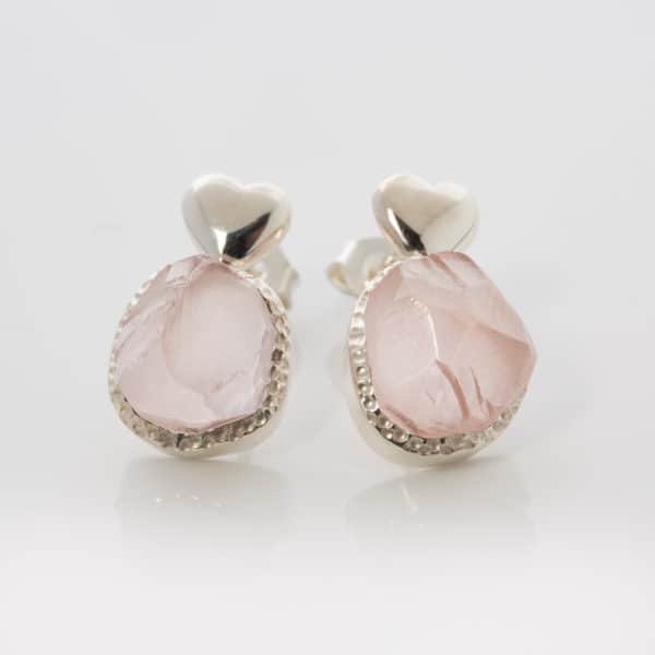 Rose Quartz raw gemstone stud earrings heart silver