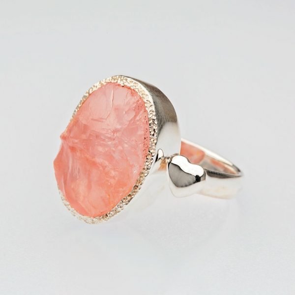 Raw Rose Quartz gemstone adjustable ring, sterling silver