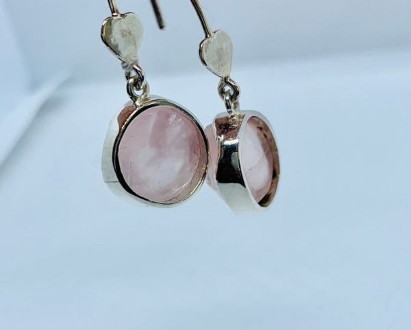 Raw Rose Quartz heart drop earrings sterling silver handmade modelled