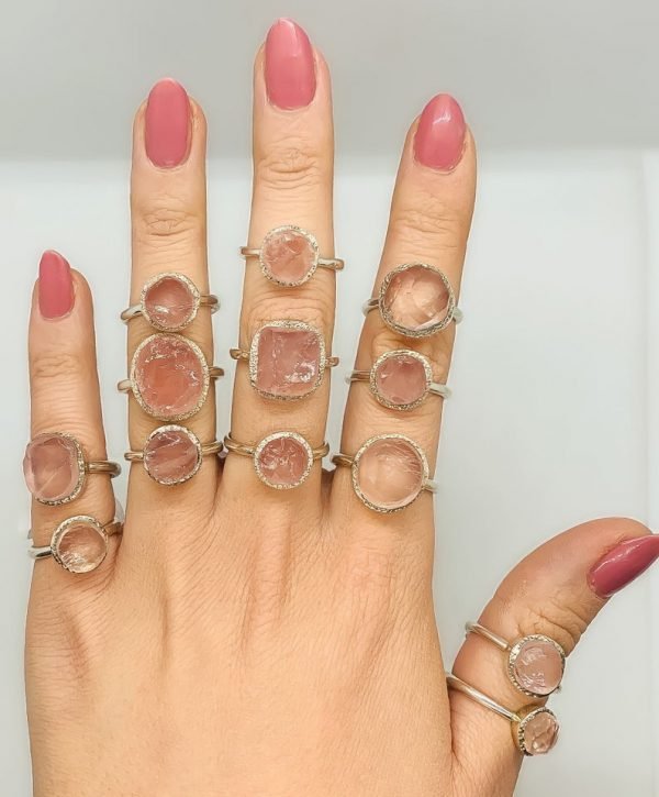Raw Rose Quartz gemstone rings sterling silver modelled handmade