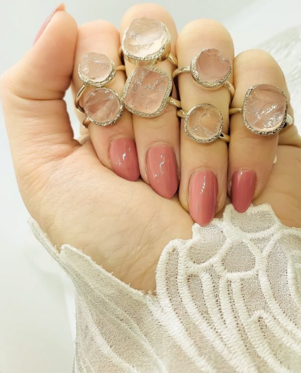 Raw Rose Quartz gemstone rings sterling silver modelled handmade