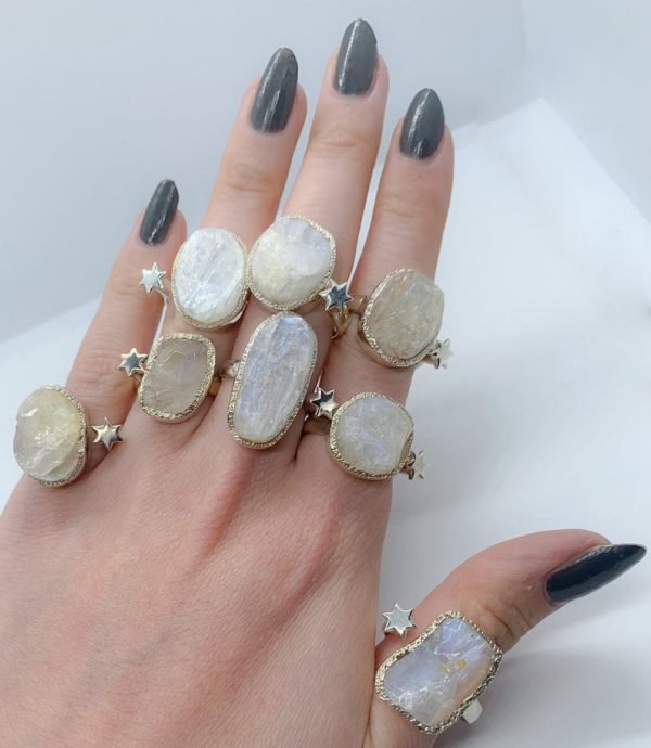 Raw Moonstone gemstone rings sterling silver