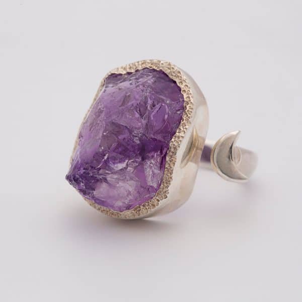 Amethyst Raw gemstone moon adjustable ring, sterling silver