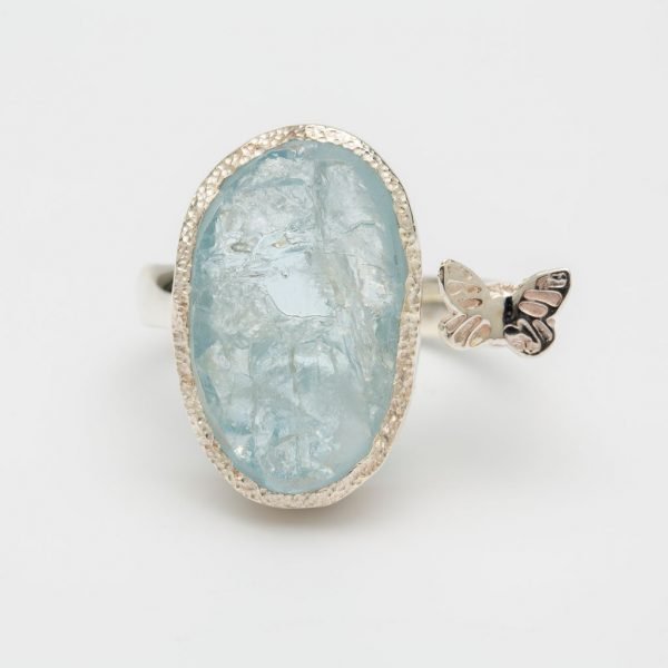 Aquamarine raw gemstone butterfly adjustable ring
