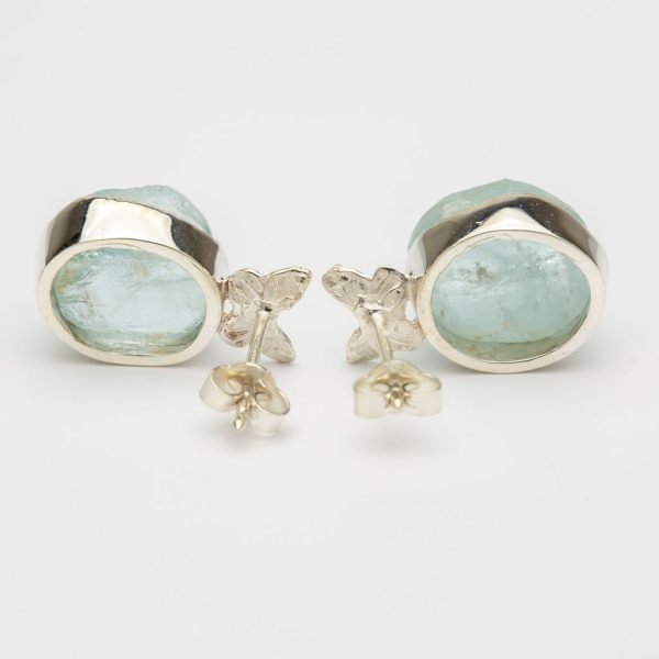 Aquamarine raw gemstone earrings, butterfly stud sterling silver