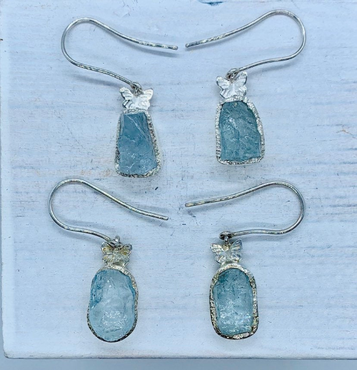 Aquamarine raw butterfly gemstone drop earrings