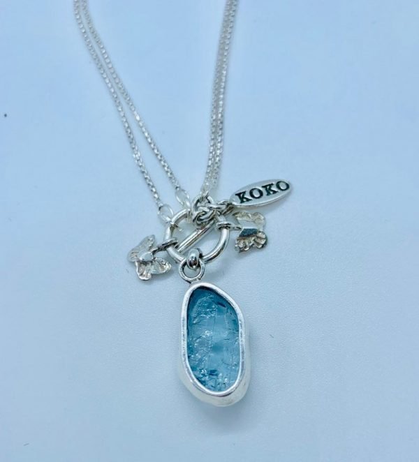 Aquamarine raw gemstone necklace 2 in 1 chain,sterling silver