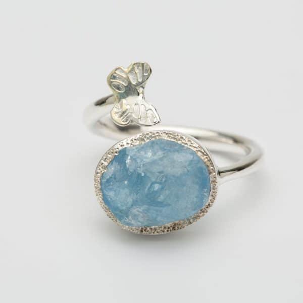 Raw Aquamarine butterfly adjustable ring, sterling silver