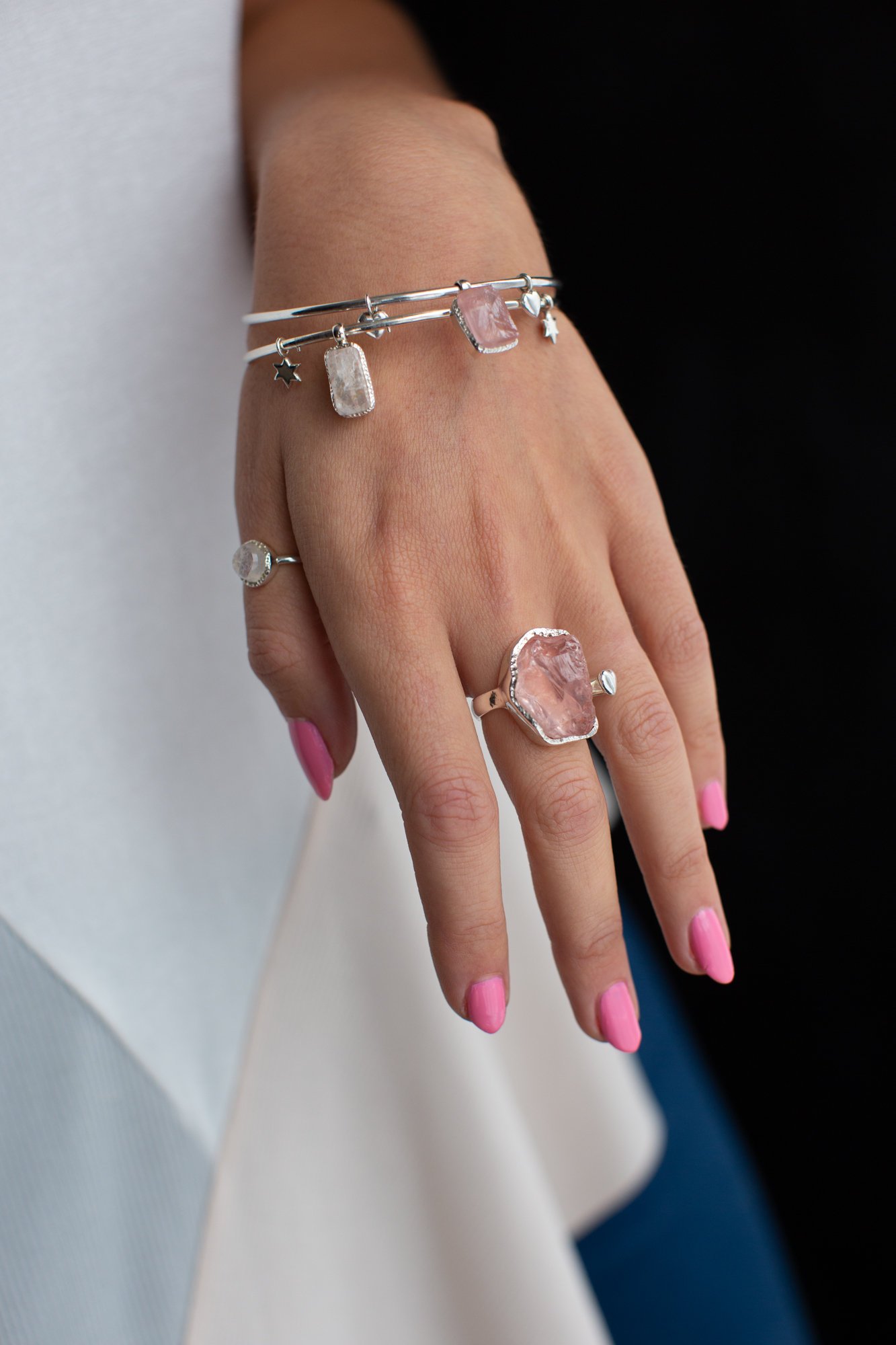 Raw Moonstone+Rose Quartz gemstone bangle and ring , modelled
