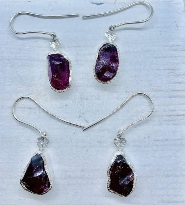 Raw Garnet gemstone drop earrings sterling silver
