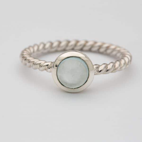 Aquamarine Polished gemstone twisted ring, sterling silver