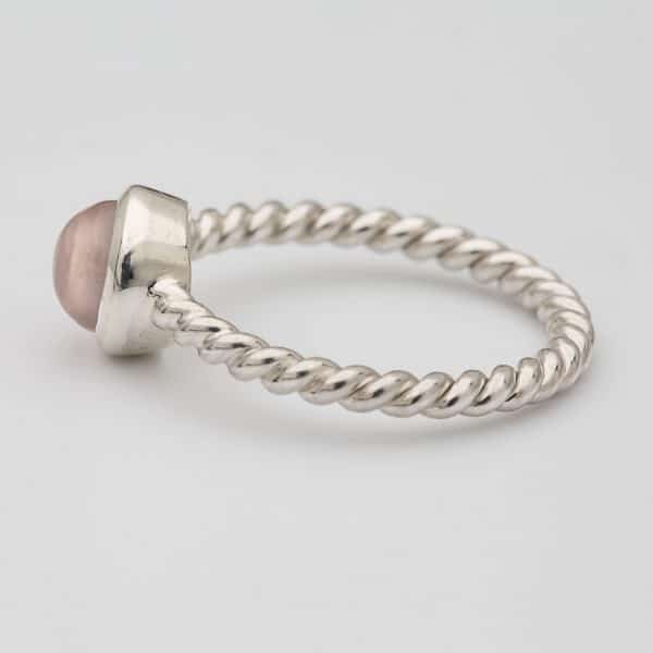 Rose Quartz Polished gemstone twisted ring, sterling silver