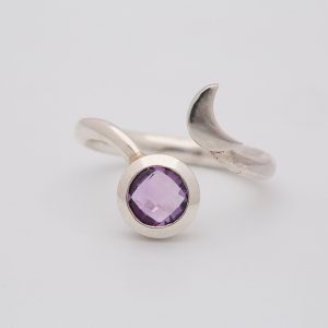 Amethyst Faceted moon adjustable ring, sterling silver