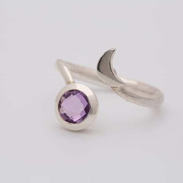 Amethyst Faceted moon adjustable ring, sterling silver