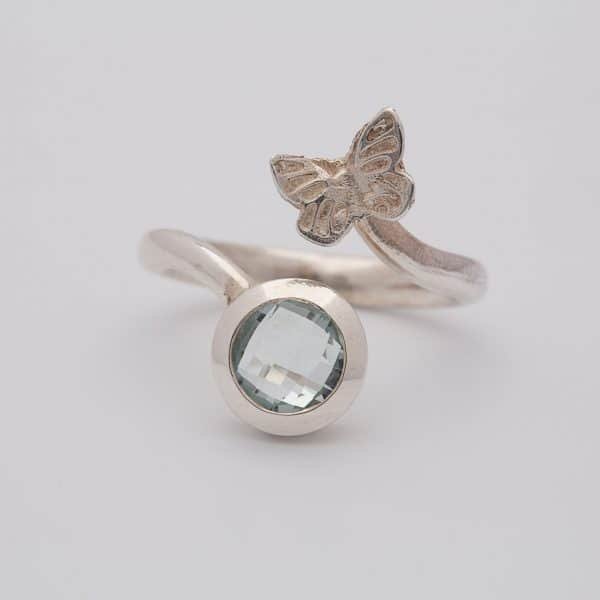 Aquamarine Faceted butterfly adjustable ring, sterling silver