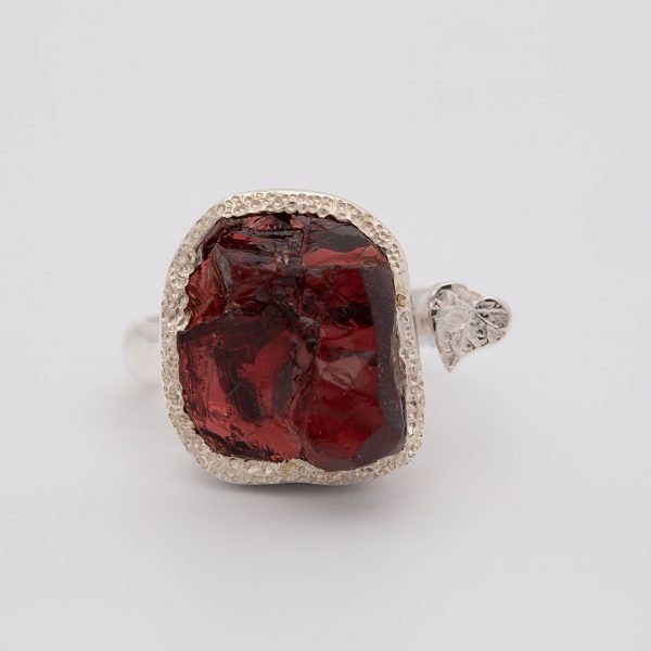 Raw Garnet gemstone adjustable heart ring, sterling silver