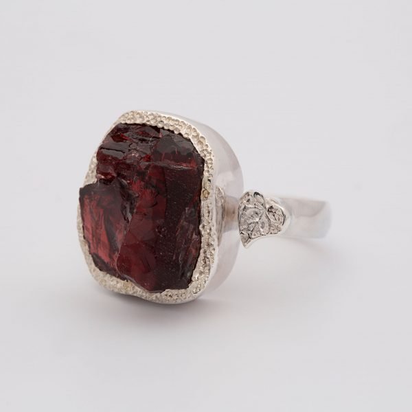 Raw Garnet gemstone adjustable heart ring, sterling silver