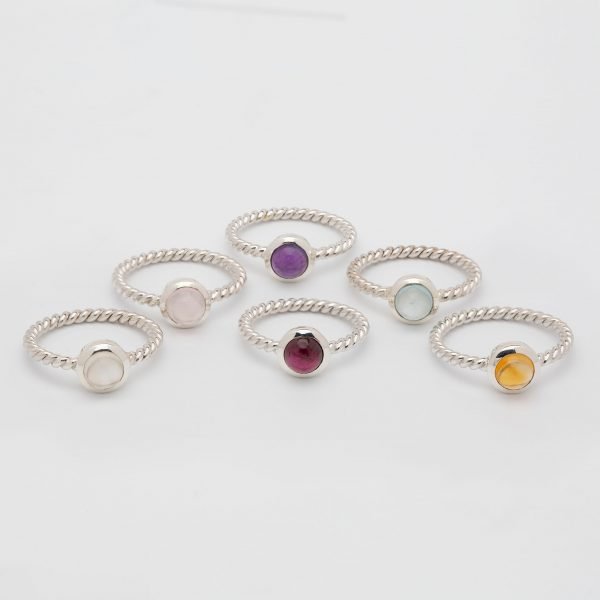 Gemstone polished twisted ring, sterling silver