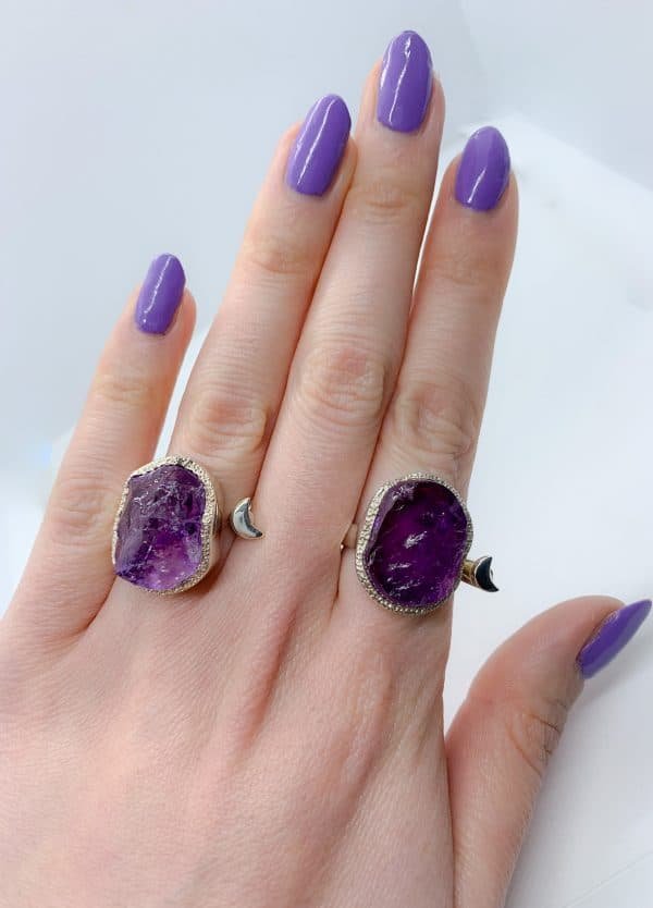 Raw Amethyst adjustable rings, sterling silver