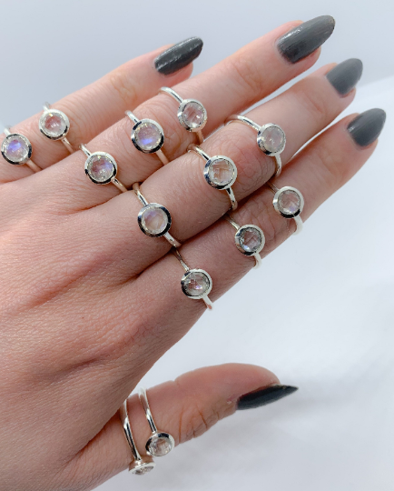 Faceted Moonstone gemstone stacking rings sterling silver modelled