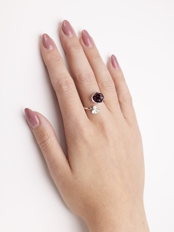 Garnet raw crystal gemstone adjustable ring silver