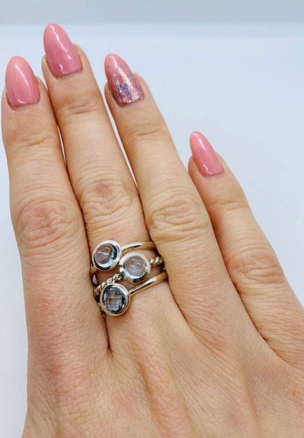 Aquamarine Polished gemstone stacking rings, sterling silver