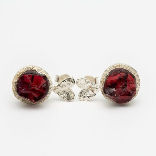 Raw Garnet gemstone stud earrings sterling silver