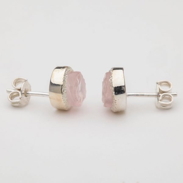 Raw Rose Quartz gemstone stud earrings sterling silver