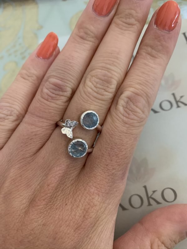 Raw Aquamarine butterfly gemstone ring handmade silver adjustable