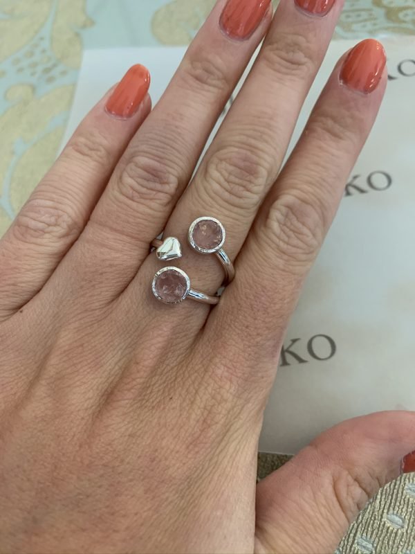 Raw Rose Quartz heart gemstone ring handmade silver adjustable