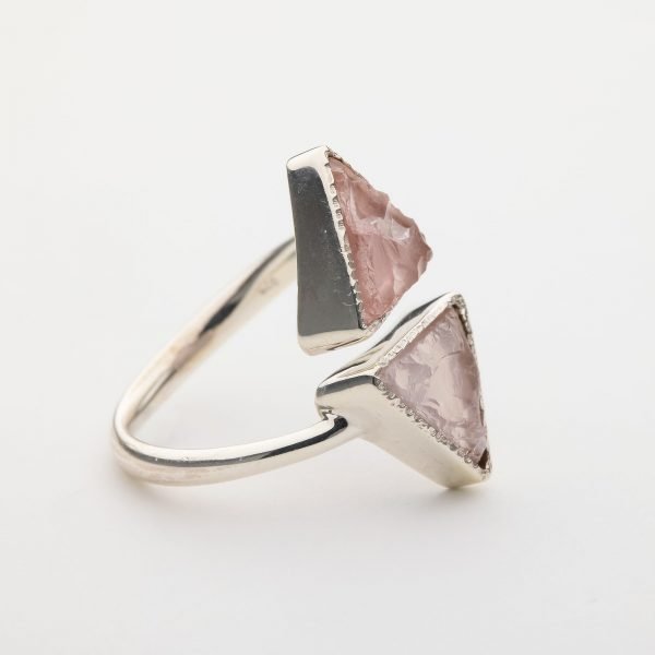 Raw Rose Quartz triangle gemstone ring sterling silver adjustable