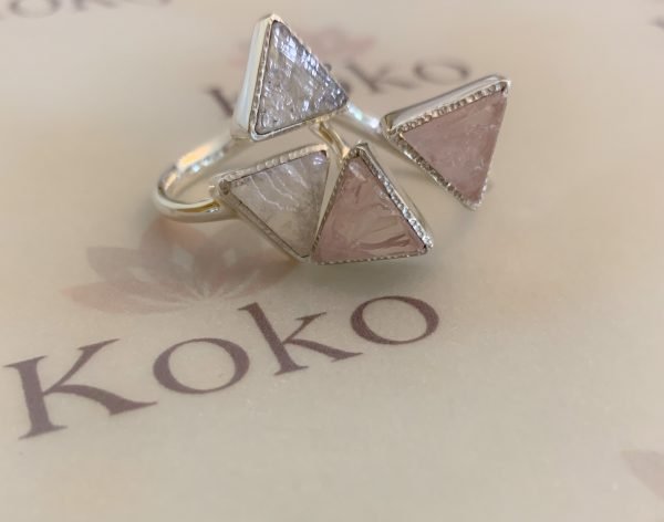 Raw Rose Quartz triangle gemstone ring sterling silver adjustable