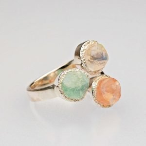 Raw Aquamarine Moonstone and Rose quartz silver ring
