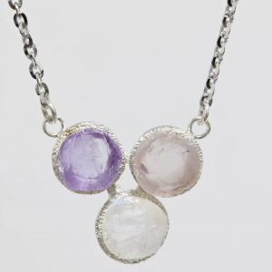 raw gemstone, amethyst, rose quartz, moonstone necklace silver