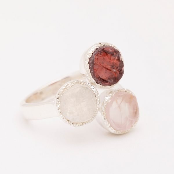raw gemstone, garnet, rose quartz, moonstone ring silver
