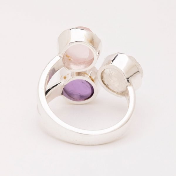 raw gemstone, amethyst, rose quartz, moonstone ring silver