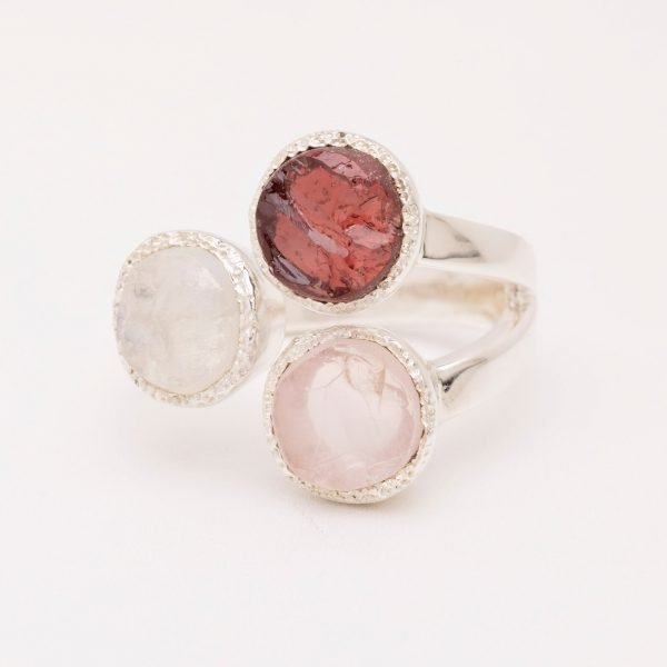 raw gemstone, garnet, rose quartz, moonstone ring silver