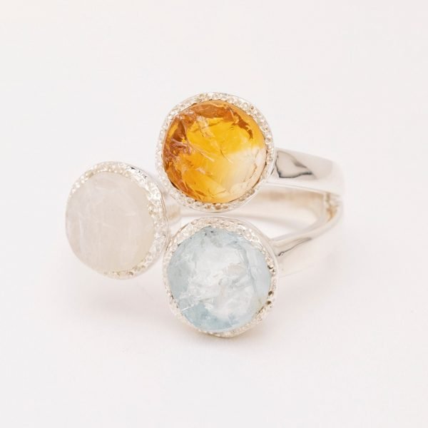 raw gemstone, citrine, aquamarine, moonstone ring silver