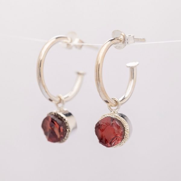 raw garnet gemstone hoop earrings sterling silver