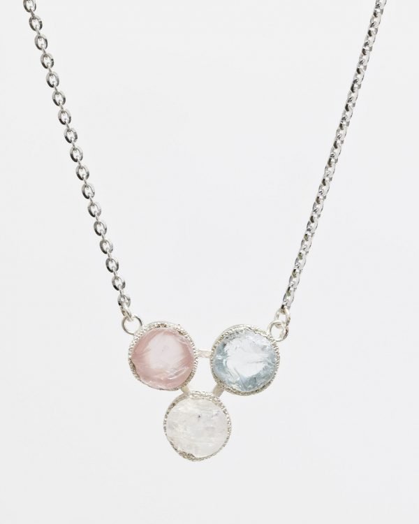 raw gemstone, aquamarine, rose quartz, moonstone necklace silver